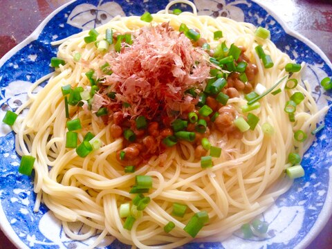 節約ランチ★かつお節たっぷり納豆パスタ★